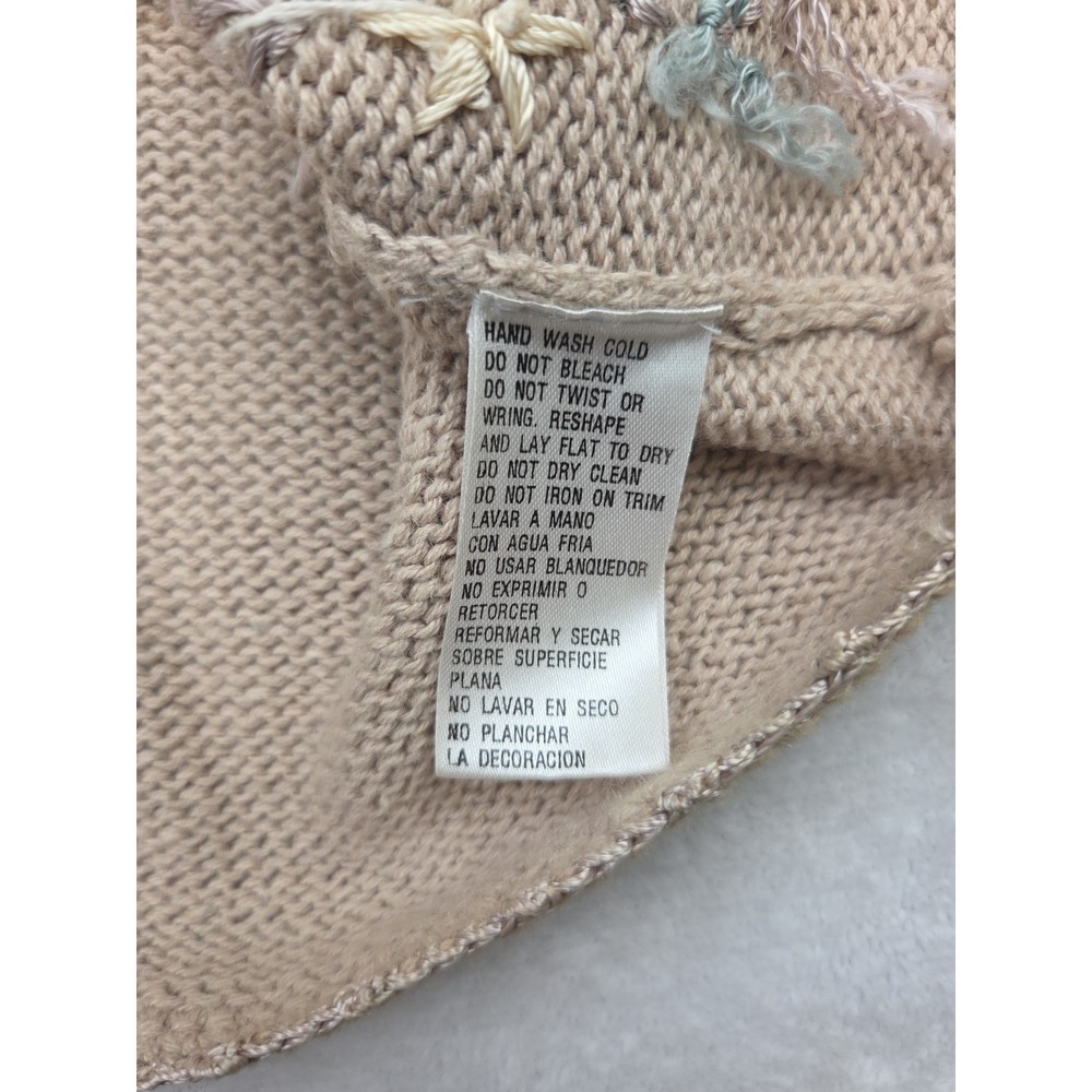 Vtg 1990s Embroidered Pearl Heart Flower Cable Knit Sweater Cottage Tan Tunic M - Picture 10 of 14
